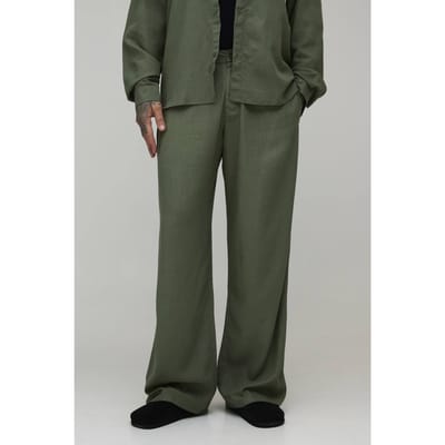 Tall Half & Half Tailleband Wijde Pasvorm Linnen Mix Broek | Olive | Size Small