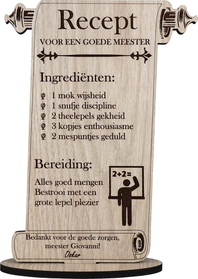 Grappig Meester Bedankt Cadeau Gepersonaliseerd | Geschenk om Leraar te Bedanken | Bedankje Leerkracht | Kaart van Hout | Einde Schooljaar Recept | 17.5 x 25 cm
