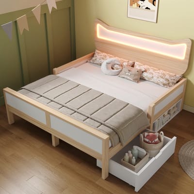 KOMHTOM - Kinderbed - 140×200 cm - met kattenoren hoofdeinde - RGB-LED-verlichting - lattenbodem - flexibele lade & opbergvak links/rechts te monteren - kindveilige beschermhekken - wit & eiken - zonder matras