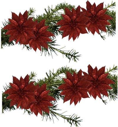 Kerstboomversiering Bloemen - 8x stuks - 9 cm - rood glitter - op clip