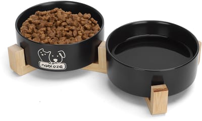 Nobleza Voerbak Hond en Kat Keramiek - 2x 900 ml - Kattenvoerbakjes - Hondenvoerbak - Etensbakjes voor kat - Voerbakken Dubbel met Standaard - Drinkbak en Eetbak - Zwart