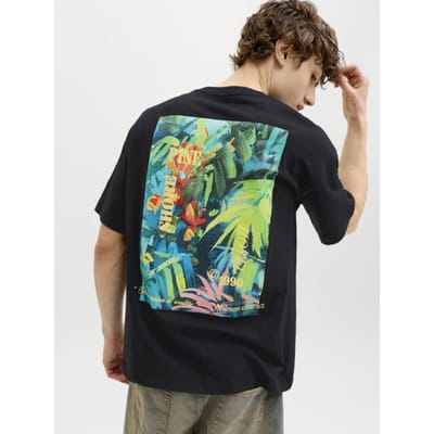Jack & Jones Heren Backprint T-Shirt JORMONTAUK Gebloemd Zwart/Multicolor - Maat L