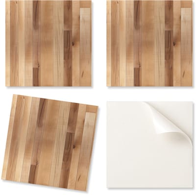Set PVC-tegels met decoratie voor keuken of badkamer. Natuurlijk houtpatroon. 4x50x50 cm.