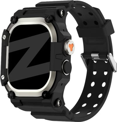 Bandz TPU bandje met case geschikt voor Apple Watch Ultra 1 / Ultra 2 / Ultra 3 - maat: 49mm - Met ingebouwde watch case - Zwart/Titanium