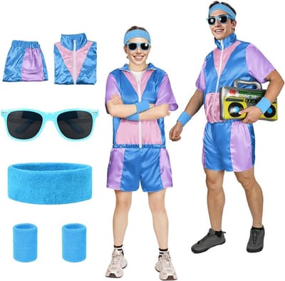 Retro 90s Hip Hop Outfit voor 80s Disco, Shell Suit Kostuum met Headband en Polsbandjes, Perfect voor Feestjes en Thema-avonden