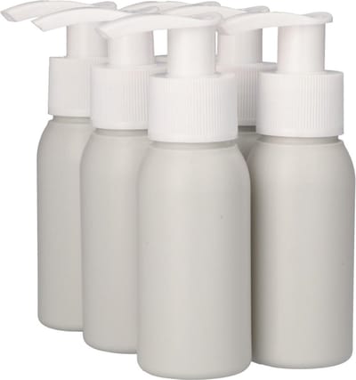 6 x Gerecyclede Plastic Fles 50 ml Dispenserpomp Wit - Rond- Gerecycled HDPE Kunststof - Onbreekbaar - ca. 70% minder Co2 uitstoot door gerecycled materiaal - 6 stuks