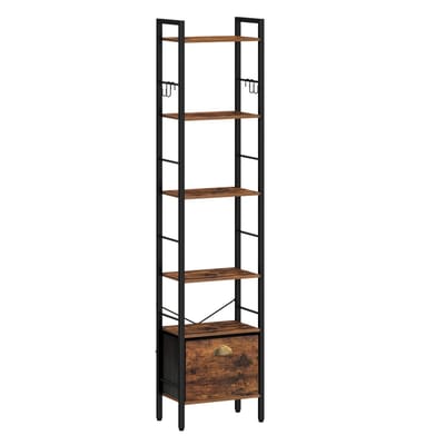 Boekenrek-boekenkasten-Boekenplank 6-Lagen Verticale Plank met 1 Lade en 4 Haken-Boekenrek Open Plank- Industriële Stijl- Metalen Frame-Geschikt voor Studie- Woonkamer-Slaapkamer- Keuken- Bruin- Gemonteerde Kastsystemen