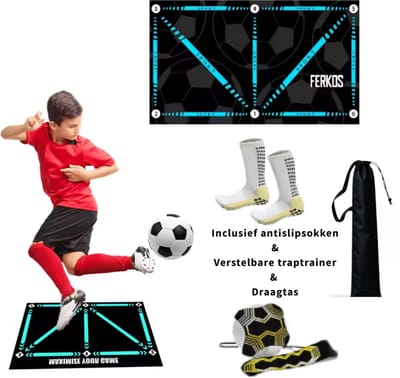 FerKos Voetbalmat - Voetbal Trainingsmateriaal - Voetbal - Voetbal spullen - Kinderen - Dribbelmat - Soccer Roundabout - Voetbaltrainer - 90cm bij 60cm - Anti slip - Inclusief Gripsokken - Inclusief Voetbaltraptrainer - Inclusief Draagtas