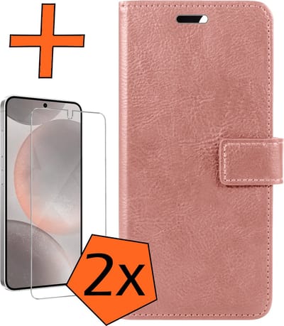 Hoes - Met 2x Screenprotector - Geschikt voor Samsung Galaxy S24 - Luxe Pasjeshouder - Bookcase Portemonee - Flip Case - Kunstleer Book Case - Flipcase Hoes - Book Cover - Walletcase - PortemonneeHoes - Rosé goud