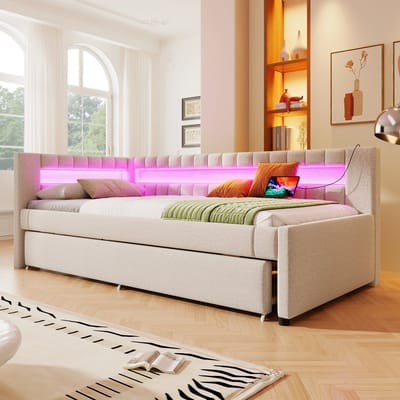 Wishdor Bedbank - 90x200 cm - Met Uitschuifbed, Led-Lichtstrip En Oplaadpoorten - Flexibel voor Logees - Linnen - Beige