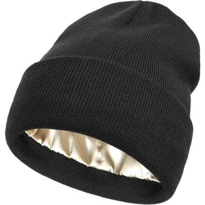 Unisex satijnen gevoerde antistatische muts voor vrouwen Winter zijden voering Slouchy warme omslag Skullies Outdoor Cap zwart