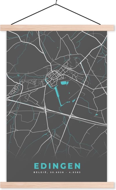 Posterhanger incl. Poster 40x60 cm - Schoolplaat - Stadskaart – Grijs - Kaart – Edingen – België – Plattegrond - Textielposter - Blanke latten - Stadskaart