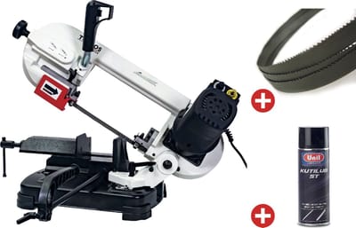 Draagbare metaalbandzaag 0-60° zaagcapaciteit rond 125 mm 0,4 kW 230V met 3 lintzagen en spuitbus snijolie Torros SC125V PACK