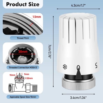Dailygoods- Thermostatische Ventielen met Vorstbescherming - M30 x 1,5 - Verstelbare Thermostaat - Hittebestendig - Duurzaam - Glad Oppervlak - Radiatorkraan
