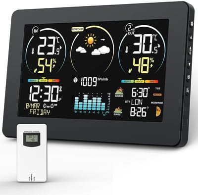 White-Label® Weerstation Binnen en Buiten - Weerstation Draadloos Binnen Buiten - Weerstation met Buitensensor -Zwart
