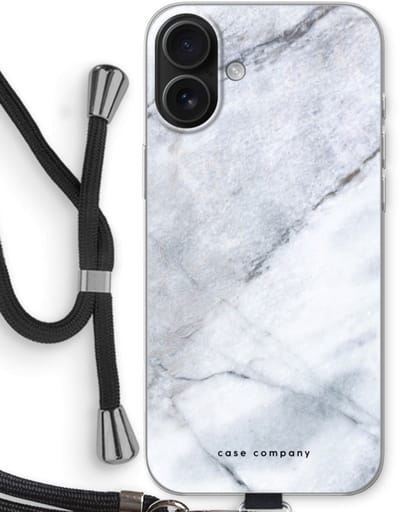 Case Company® - Hoesje met koord geschikt voor iPhone 16 Plus hoesje met Koord - Witte marmer - Telefoonhoesje met Zwart Koord - Bescherming aan alle Kanten en Over de Schermrand