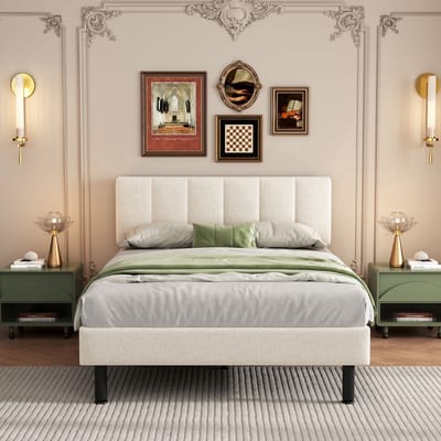 VVBV Gestoffeerd Slaapkamerbed 140x190 cm met Voor Hal/Entree, Lattenbodem - Metaal/Sherpa Beige - Zonder Matras