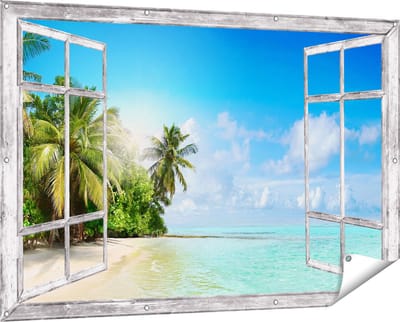 Gards Tuinposter Doorkijk Tropisch Strand bij de Licht Blauwe Zee - 150x100 cm - Tuindoek - Tuindecoratie - Wanddecoratie buiten - Tuinschilderij