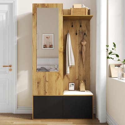 Wishdor - Garderobeset Met Schoenenkast, Spiegel En Bank - Modern - Hal - MDF - Zwart/Naturel - 100 x 38 x 191 cm