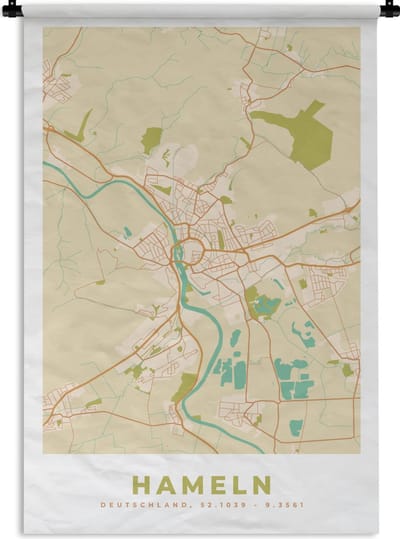 Wandkleed - Wanddoek - Vintage - Kaart - Hameln - Plattegrond - Stadskaart - 120x180 cm - Wandtapijt