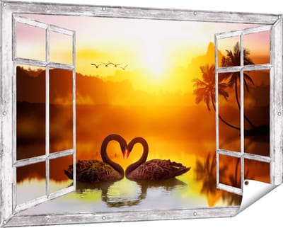 Gards Tuinposter Doorkijk Twee Zwarte Zwanen in een Hart Vorm - 150x100 cm - Tuindoek - Tuindecoratie - Wanddecoratie buiten - Tuinschilderij