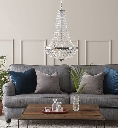 Chroom hanglamp - rustiek met 2 lichtpunten - E14 - 40 cm diameter - kristallen lampenkap transparant