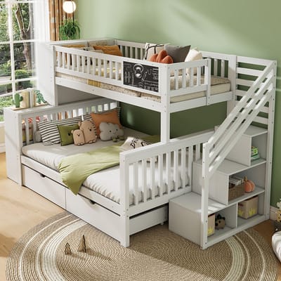 Pugsdrly Huisbed, kinderbed, stapelbed, met graffitibord, multifunctioneel kinderbed, met trap en opbergkasten, met lades, zonder matras 140*200 cm & 90*200 cm, wit