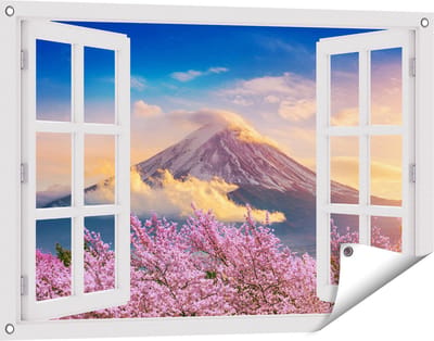 Gards Tuinposter Doorkijk Fuji Berg met Roze Bloesembomen - Bloemen - 90x60 cm - Tuindoek - Tuindecoratie - Wanddecoratie buiten - Tuinschilderij