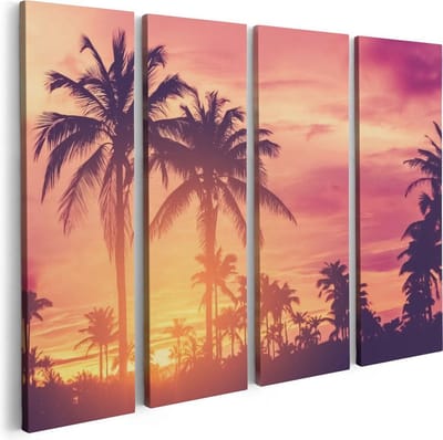 Artaza Canvas Schilderij Vierluik Tropische Palmbomen Met Zonsondergang - 80x60 - Foto Op Canvas - Canvas Print