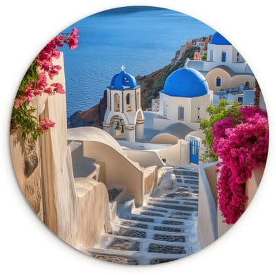 WallCircle® Wandcirkel 150x150 cm - Muurcirkel Santorini - Bloemen - Griekenland - Muurdecoratie woonkamer - Wanddecoratie slaapkamer - Kamer decoratie accessoires - Ronde schilderijen