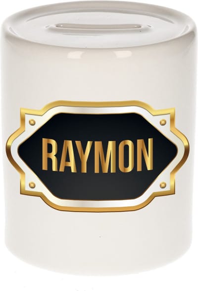 Spaarpot met voornaam Raymon - wit - met goud/zwart embleem - 8 x 9 cm - keramiek - met afsluitdop - cadeau verjaardag
