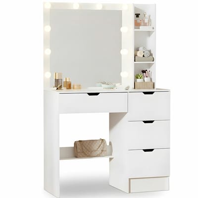 Zenzee Kaptafel – Make up tafel met spiegel – Hollywood spiegel - LED verlichting – Toillettafel – Veel opbergruimte – Wit