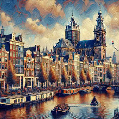 Olieverf amsterdam schilderij | Amsterdamse pracht in levendige tinten op doek vereeuwigd met olie | Kunst - 40x40 centimeter op Canvas | Foto op Canvas