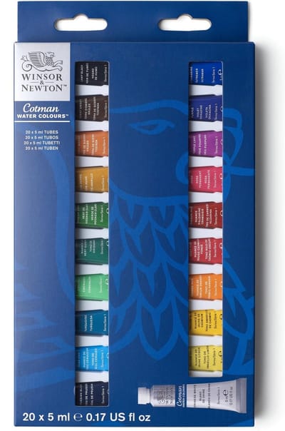 Winsor & Newton 0390665 Cotman Aquarelverf Set – Beginners Set 20 x 5 ml – Essentiële Waterverfkleuren met Hoge Kwaliteit Pigmenten