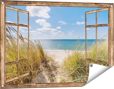 Gards Tuinposter Doorkijk Strand en Zee vanuit Duinen - 90x60 cm - Tuindoek - Tuindecoratie - Wanddecoratie buiten - Tuinschilderij