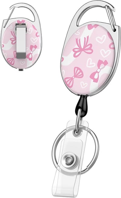 Roze Strik Retractable Badge Reel voor ID Kaart Houder - Stevige Sleutelhanger met Draaimechanisme