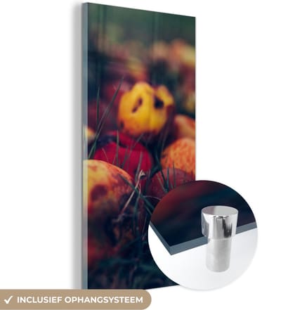 MuchoWow® Glasschilderij 20x40 cm - Schilderij acrylglas - Landelijke decoratie - Herfst - Appel - Fruit - Foto op glas - Schilderijen