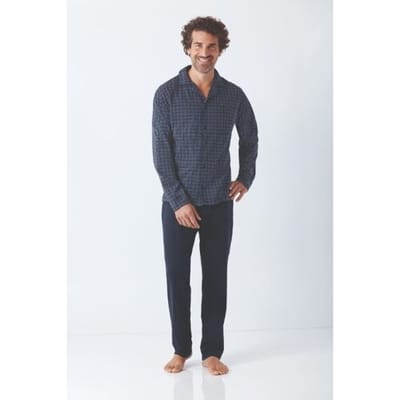 Premium katoen heren doorknoop pyjama marine blauw Hajo - Blauw - Maat - 50