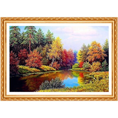 Herfstvijver volledige ronde diamantfoto natuurlijke diamant borduurwerk landschap patroon steentjes 20X30CM beige