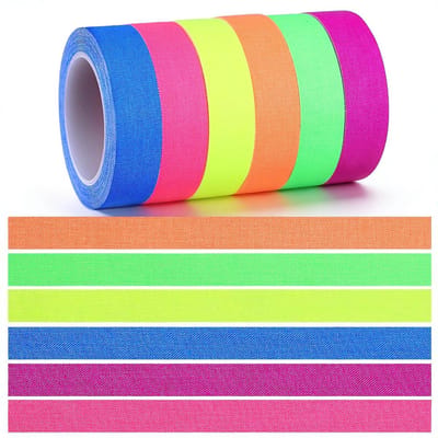 6 Rollen Neon Plakband voor Feestdecoratie en Kunstprojecten, UV Fluorescerend, Zwartlicht Plakband in 6 Kleuren (Blauw, Oranje, Roze, Geel, Groen, Paars)