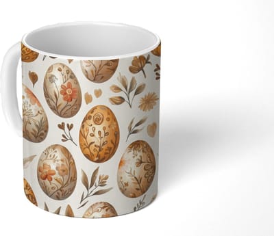 Mok - Koffiemok - Paaseieren - Bruin - Bloemen - Mokken - 350 ML - Beker - Koffiemokken - Theemok