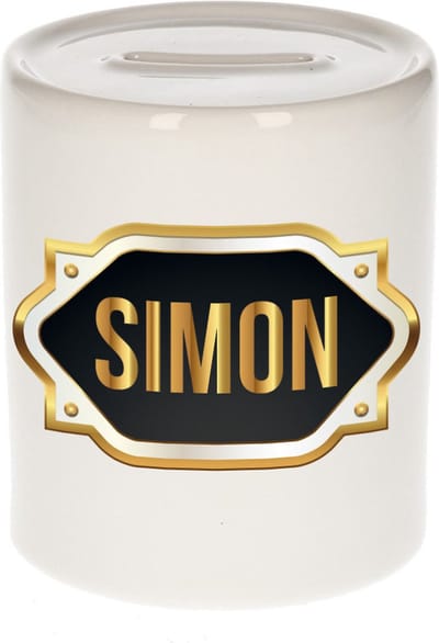 Spaarpot met voornaam Simon - wit - met goud/zwart embleem - 8 x 9 cm - keramiek - met afsluitdop - cadeau verjaardag