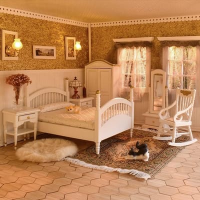 Poppenhuis Meubels - Miniatuur Meubilair Slaapkamer - Poppenhuis Inrichten - Koloniale Brewster Stijl - Schaal 1:12 - Wit Goud