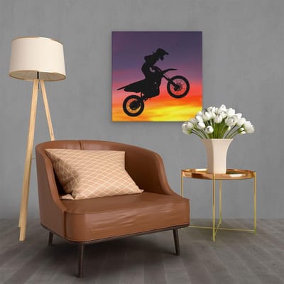Artaza Canvas Schilderij Motor - 60x60 cm - Wanddecoratie Zonsondergang - Muurdecoratie Silhouet - Schilderijen Op Canvas