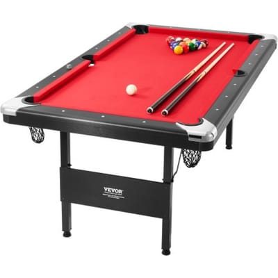 VEVOR Pooltafel, 1,9m Pooltafel, Draagbare en Opvouwbare Tafel, Pooltafelset Inclusief Ballen, Keuen, Krijt, Zwart met Rode Doek, Perfect voor Familiespeelkamer, Kinderen en Volwassenen