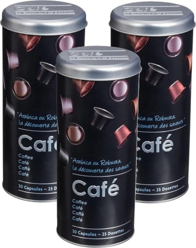 5Five Koffiecups bewaarblik - 3x - metaal - zwart/sfeer print - H26 cm - voor 20 tot 25 capsules