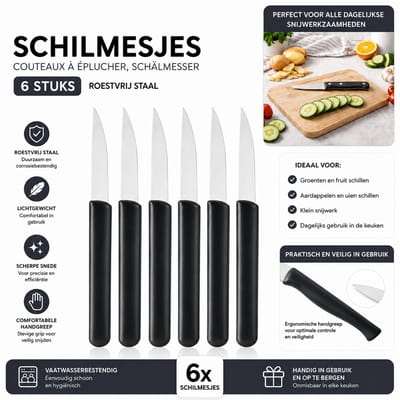 Praktische en scherpe schilmesjes voor dagelijks gebruik in de keuken. Deze set bestaat uit 2 verpakkingen van elk 3 messen (totaal 6 stuks). Ideaal voor het schillen en snijden van groenten en fruit.