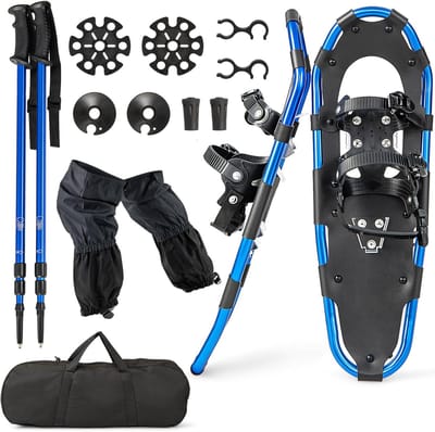 COSTWAY 4-in-1 sneeuwschoenenset, schoenmaat 38-45, sneeuwschoenen met dubbel ratelbindsysteem, aluminium frame, trekkingstokken en draagtas, beenkappen, voor heren en dames