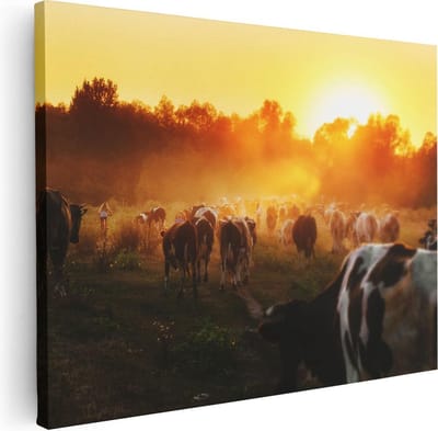 Artaza Canvas Schilderij Koeien Zonsondergang - 40x30 cm - Klein - Muurdecoratie Boerderij Dieren - Wanddecoratie Natuur - Kamer Accessoires Woonkamer