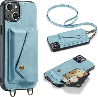 Casemania Hoesje Geschikt voor Apple iPhone 14 - Aqua Blue - Luxe Backcover met Koord en Magnetische Sluiting - Portemonnee Wallet Case met Pasjeshouder en Opbergvak - Lanyard Telefoonhoes - Cord Case